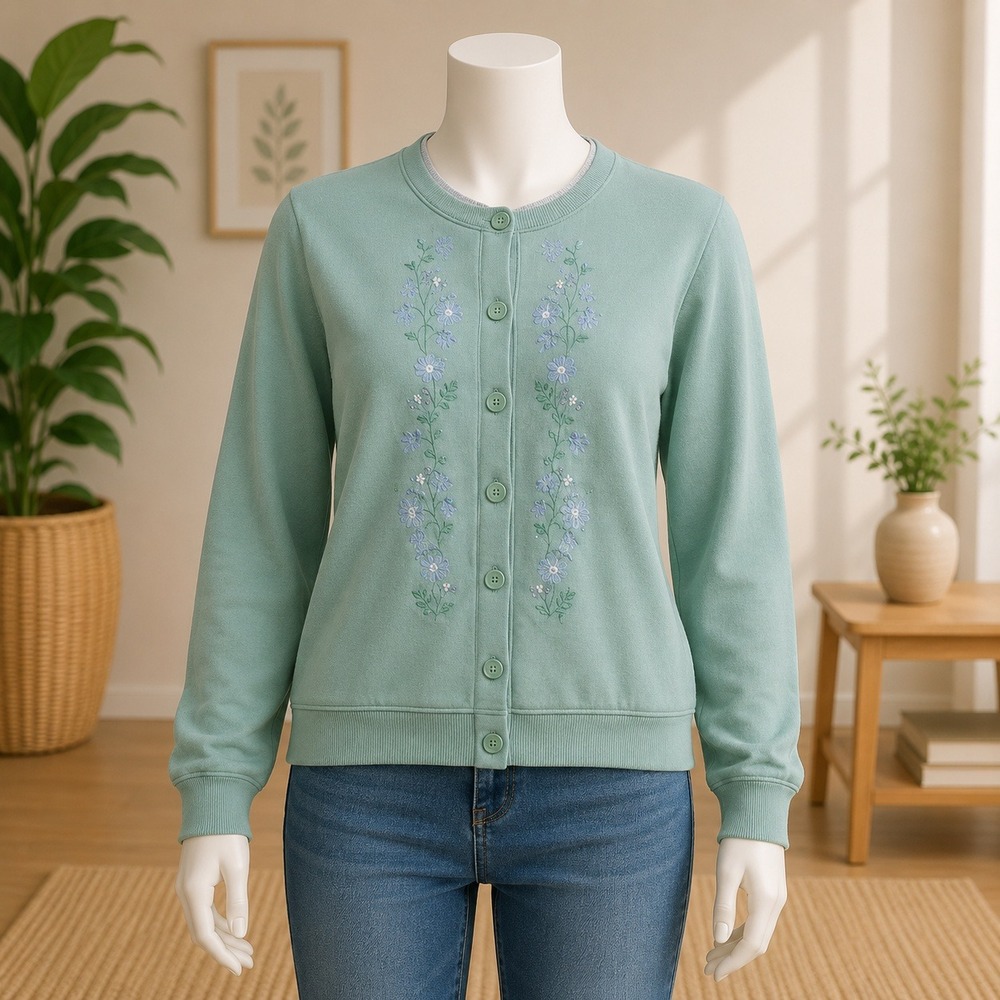Tudor Court Button Front Sweatshirt Large Green Floral Embroidered Cardigan